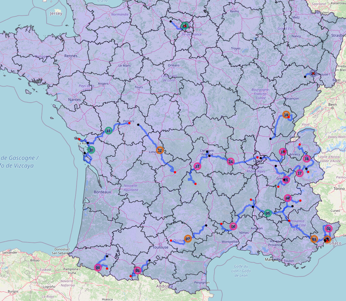 Tour de France 2020 map with regional departments and stages.